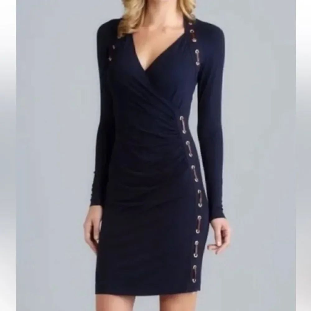 NWT Carmen Marc Valvo  Sheath Dress V-Neck Navy Long Sleeve Size L Stretch